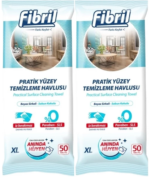 Fibril Yüzey Temizlik Havlusu 50 Yaprak XL Beyaz Sirke-Sabun Kokulu 2 Li Set 100 Yaprak Plst Kpk