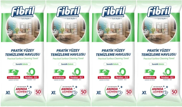 Fibril Yüzey Temizlik Havlusu 50 Yaprak XL Temizlik Kokulu 4 Lü Set 200 Yaprak Plastik Kapaklı