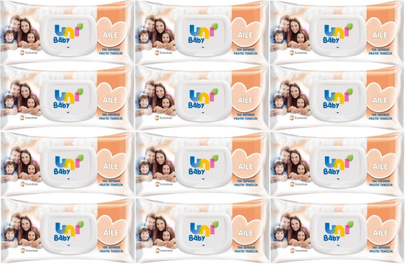 Uni Baby Islak Havlu Mendil 90 Yaprak Aile (12 Li Set) 1080 Yaprak Plastik Kapaklı