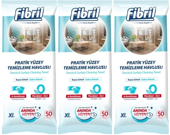 Fibril Yüzey Temizlik Havlusu 50 Yaprak XL Beyaz Sirke-Sabun Kokulu 3 Lü Set 150 Yaprak Plst Kpk