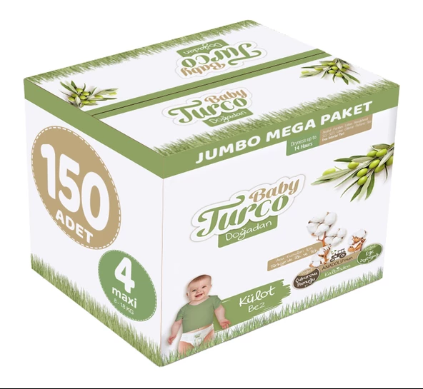 Baby Turco Külot Bebek Bezi Doğadan Beden:4 (8-18KG) Maxi 150 Adet Jumbo Mega Pk