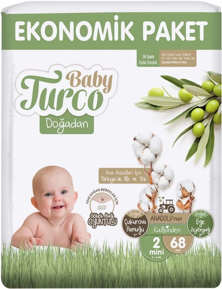 Baby Turco Bebek Bezi Doğadan Beden:2 (3-6KG) Mini 68 Adet Ekonomik Pk