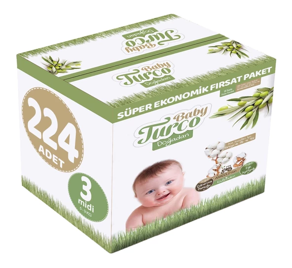 Baby Turco Bebek Bezi Doğadan Beden:3 (5-9KG) Midi 224 Adet Süper Ekonomik Fırsat Pk