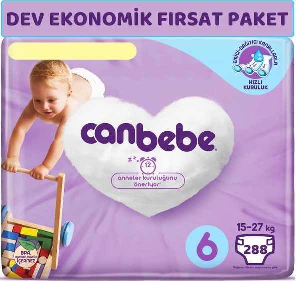 Canbebe Bebek Bezi Beden:6 (15-27Kg) Extra Large 288 Adet Dev Ekonomik Fırsat Pk