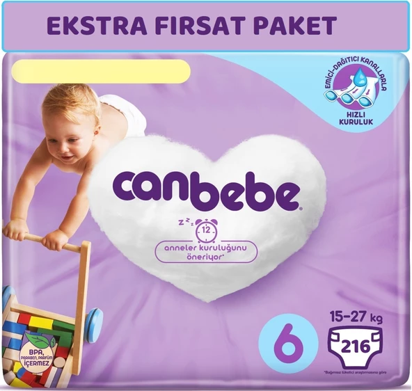 Canbebe Bebek Bezi Beden:6 (15-27Kg) Extra Large 216 Adet Ekstra Fırsat Pk