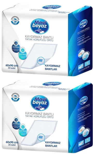 Mavi Beyaz Hasta Alt Açma Yatak Koruyucu Örtü 60*90CM 60 Adet (2Pk*30) Kaydırmaz Bantlı