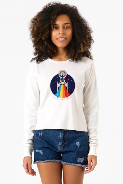 Star Trek Discovery Retro Ship Ekstra Uzunkol Sweatshirt Ekru