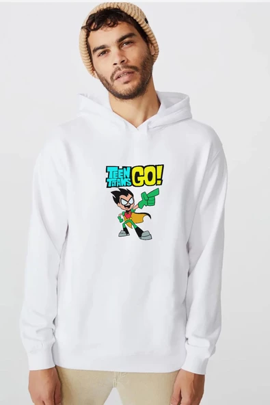 Teen Titans Go Robin Beyaz Erkek 3ip Kapşonlu  Sweatshirt