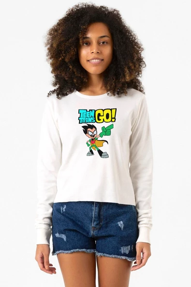 Teen Titans Go Robin Ekstra Uzunkol Sweatshirt Ekru