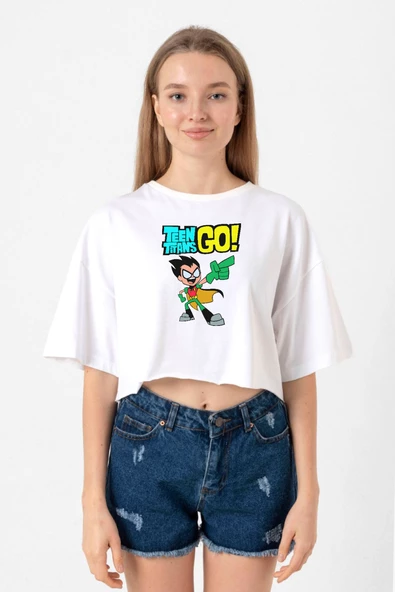 Teen Titans Go Robin Beyaz Kadın Crop Tshirt ürün görseli 1