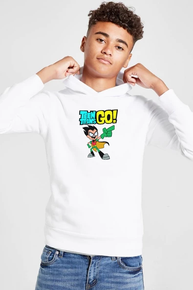 Teen Titans Go Robin Beyaz Çocuk 3ip Kapşonlu  Sweatshirt