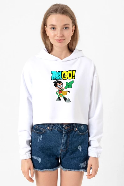 Teen Titans Go Robin Beyaz Optik Kadın Crop Kapşonlu