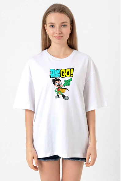 Teen Titans Go Robin Beyaz Kadın Oversize Tshirt