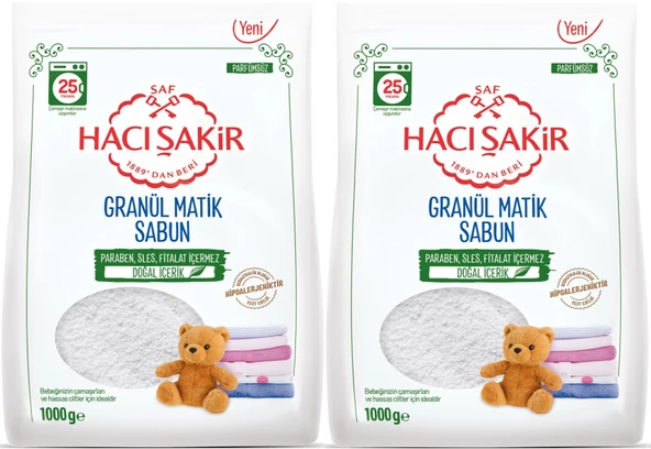 Hacı Şakir Sabun Tozu Granül Matik 2KG Parfümsüz (Bebekler/Hassas Ciltler İçin) 50 Yıkama (2PK*1KG)