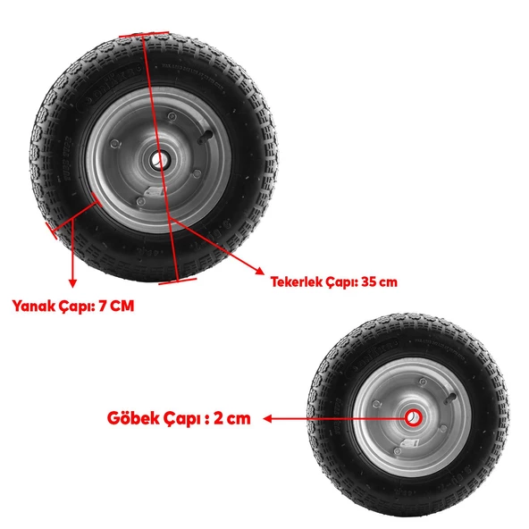 Cobra El Arabası Yük Taşıma Tekeri Bilyeli Rulmanlı Havalı Dubleks 350x70 mm Çelik Jant Tekerlek - 2