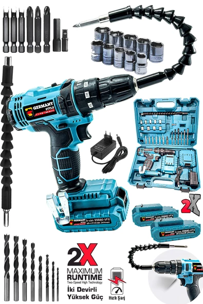 Germany Style GRM-99880 VFX Çelik Şanzıman Darbeli 1500 mAh  2 Akülü Vidalama Matkap Şarjlı Matkap