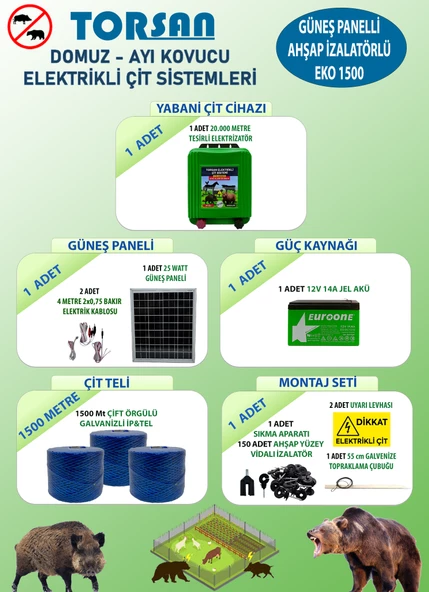 TORSAN GÜNEŞ PANELLİ EKO 1500 Elektrikli Çit Sistemi ( Domuz - Ayı Kovucu ) 1500MT