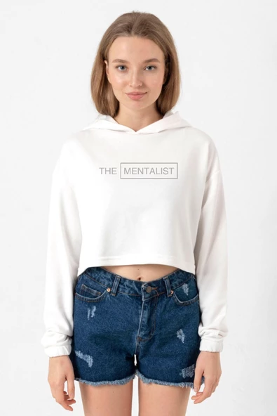 The Mentalist Lettern Ekru Kadın Crop Kapşonlu