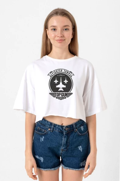 Top Gun Maverick Fighter Town Beyaz Kadın Crop Tshirt ürün görseli 1