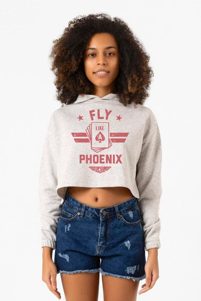 Top Gun Maverick Fly Like A Phoenix Beyaz Kırçıllı Kadın Crop Kapşonlu - 1