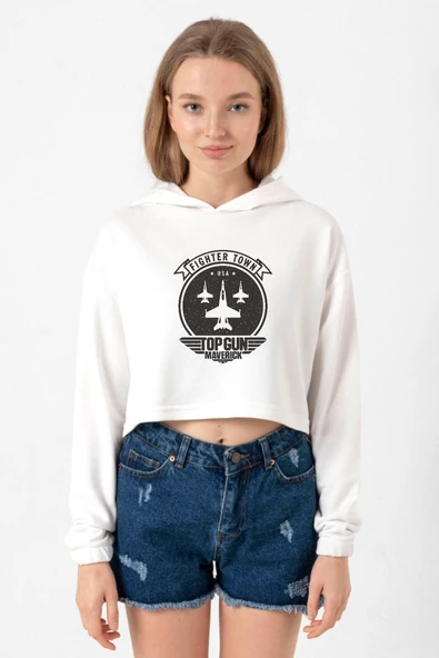 Top Gun Maverick Fighter Town Ekru Kadın Crop Kapşonlu ürün görseli