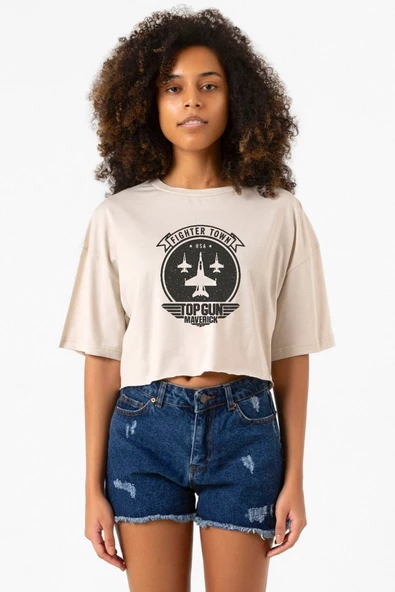 Top Gun Maverick Fighter Town Bej Kadın Crop Tshirt ürün görseli 1