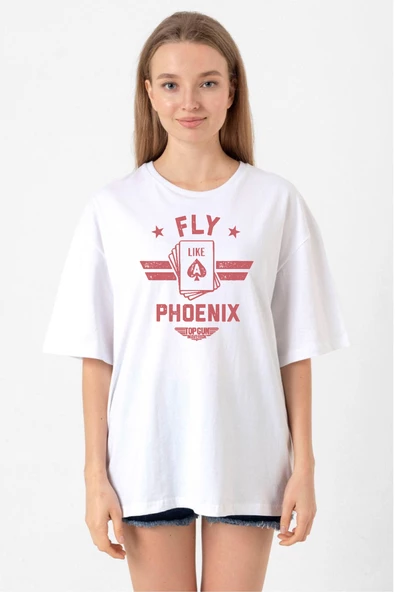 Top Gun Maverick Fly Like A Phoenix Beyaz Kadın Oversize Tshirt