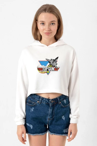 Top Gun Vintage Jet Stars Ekru Kadın Crop Kapşonlu