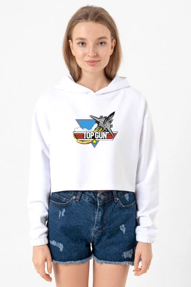 Top Gun Vintage Jet Stars Beyaz Optik Kadın Crop Kapşonlu