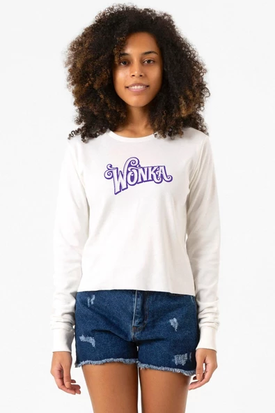 Willy Wonka Logo Ekstra Uzunkol Sweatshirt Ekru