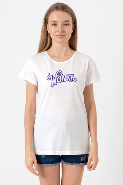 Willy Wonka Logo Beyaz Kadın Bisikletyaka Tshirt ürün görseli 1