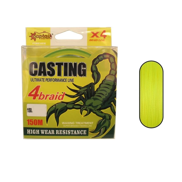 Captain Casting Pe 4 Kat Spin İp Misina 150 mt Sarı - 0.16 mm 4 Kat Örgü İp Misine 17,69 kg