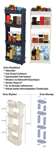 Motek Çok Amaçlı Tekerlekli Raf Banyo Rafı Mutfak Rafı MR-04 - 4