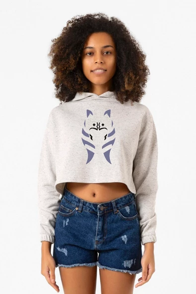 Ahsoka Tano Minimal Beyaz Kırçıllı Kadın Crop Kapşonlu