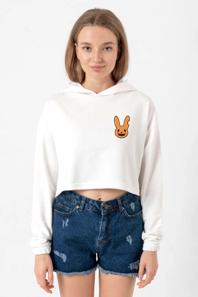 Bad Bunny Halloween Ekru Kadın Crop Kapşonlu ürün görseli