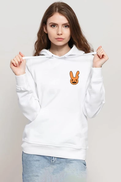 Bad Bunny Halloween Beyaz Kadın 3ip Kapşonlu Sweatshirt