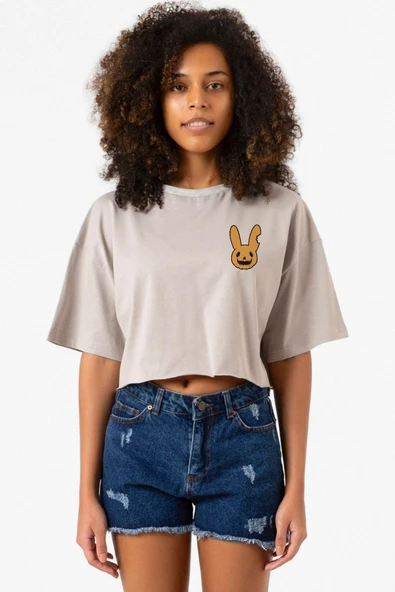 Bad Bunny Halloween Taş Rengi Kadın Crop Kapşonlu ürün görseli 1