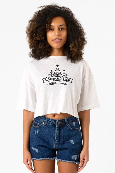 Camping Life Beyaz Kırçıllı Kadın Crop Tshirt ürün görseli 1