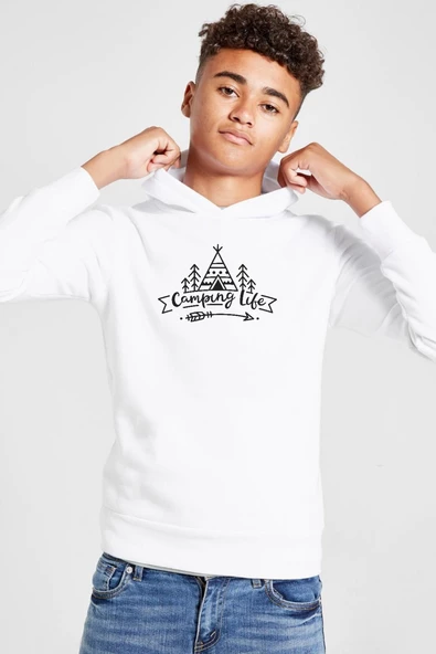 Camping Life Beyaz Çocuk 3ip Kapşonlu  Sweatshirt