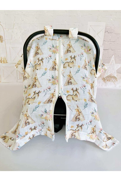 Fermuarlı Müslin Bezi Puset Örtüsü Çadırlı Geyik - Resim 2