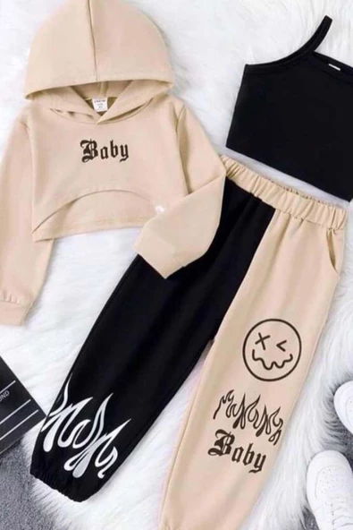 Kız Çocuk Kapüşonlu 3 İplik Baby Baskılı Bej Eşofman Takım - 2
