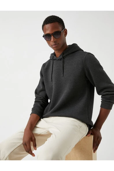 Basic Kapşonlu Sweatshirt Şardonlu - 2