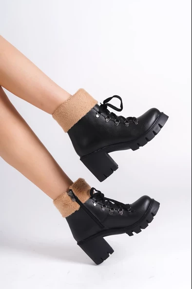 EMMA Bağcıklı Fermuarlı Ortopedik Taban Topuklu Kürk Detaylı Cilt Kadın Bot ST Siyah - 3