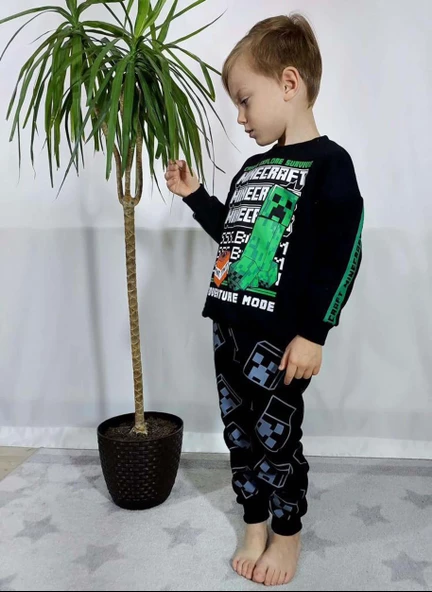 ERKEK ÇOCUM MINECRAFT BASKILI 3 İPLİK PAMUK EŞOFMAN TAKIMI - 5