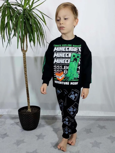 ERKEK ÇOCUM MINECRAFT BASKILI 3 İPLİK PAMUK EŞOFMAN TAKIMI - 6