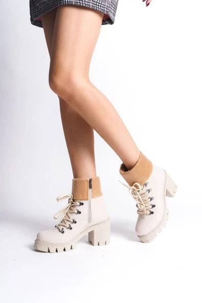 EMMA Bağcıklı Fermuarlı Ortopedik Taban Topuklu Kürk Detaylı Cilt Kadın Bot KT Krem - 2