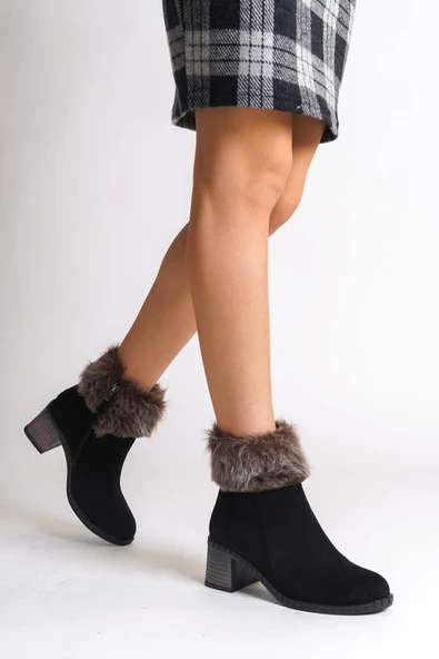 JULİA Fermuarlı Ortopedik Taban Suya ve Soğuğa Dayanıklı Tüylü Topuklu Süet Kadın Bot ST Siyah - Resim 2