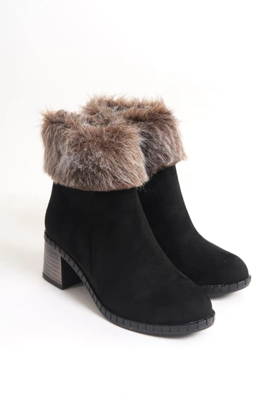 JULİA Fermuarlı Ortopedik Taban Suya ve Soğuğa Dayanıklı Tüylü Topuklu Süet Kadın Bot ST Siyah - Resim 4