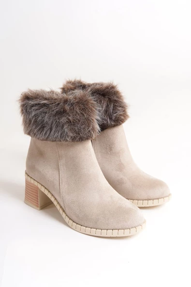 JULİA Fermuarlı Ortopedik Taban Suya ve Soğuğa Dayanıklı Tüylü Topuklu Süet Kadın Bot KT Krem - 4