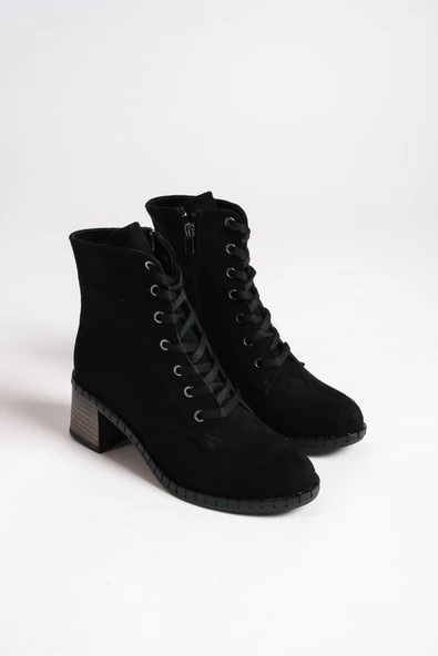 DİANA Bağcıklı Fermuarlı Ortopedik Taban Suya ve Soğuğa Dayanıklı Topuklu Süet Kadın Bot ST Siyah - Resim 4